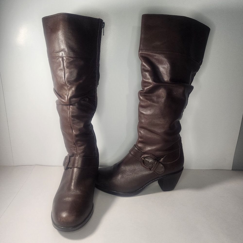 DANSKO WOMEN'S TALL BOOTS BROWN LEATHER ZIPPER HEELED 39